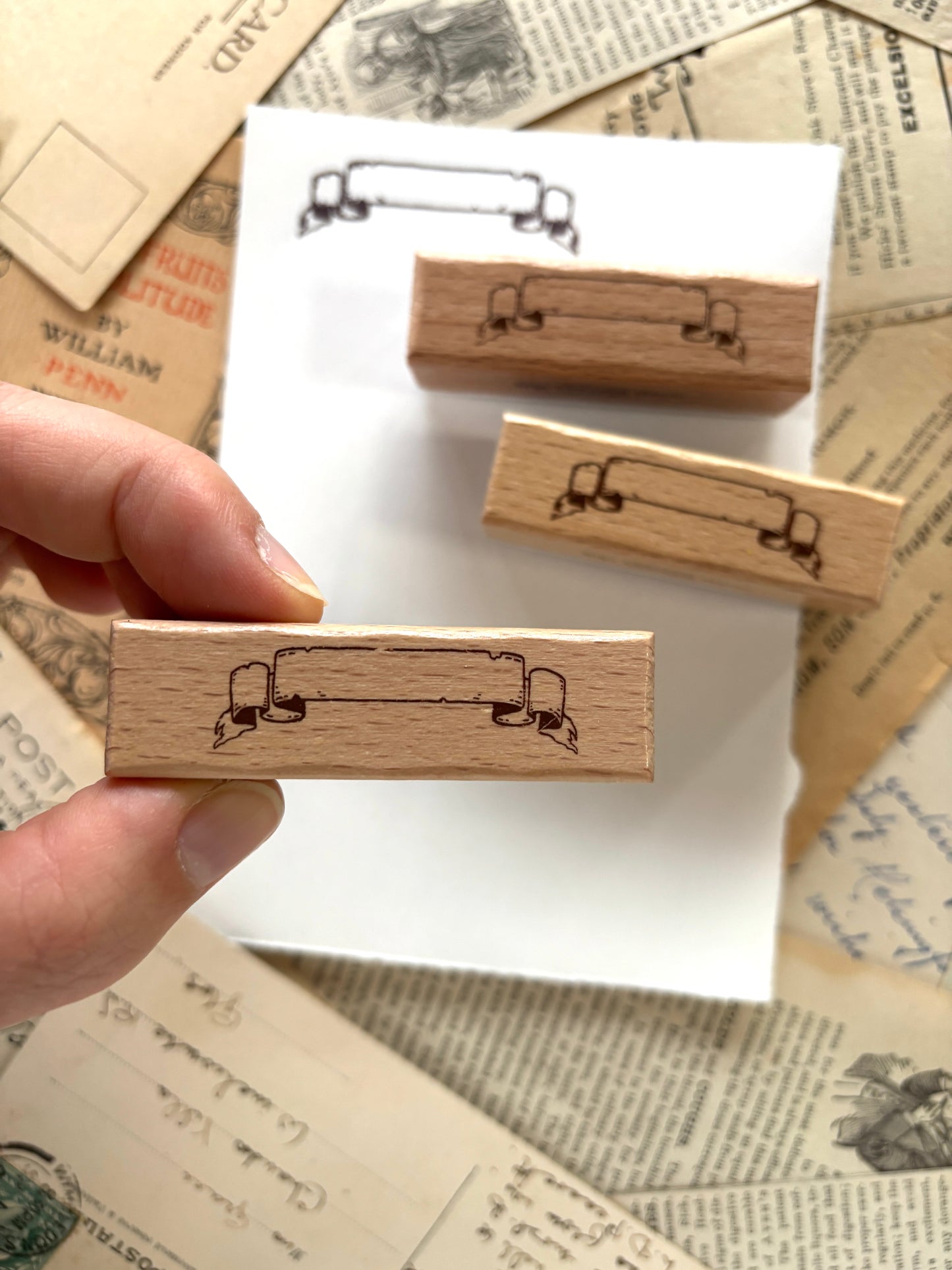 Scroll banner rubber stamp