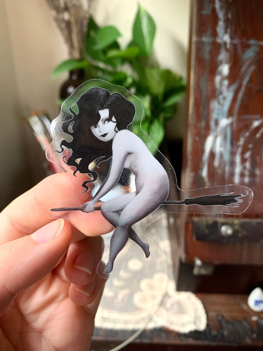 Flying witch clear vinyl sticker
